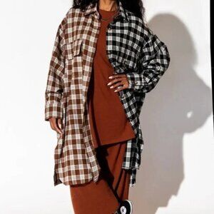 Dressed in LaLa Zuri Oversized Grunge Flannel in Half + Half Mocha and Black